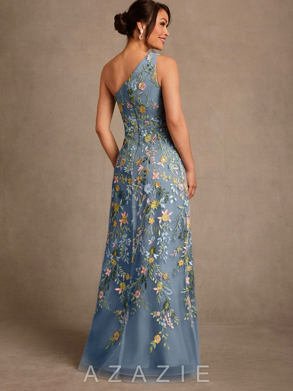 Azazie One-Shoulder Dusty Blue Floral Embroidered Gown - Picture 6 of 8